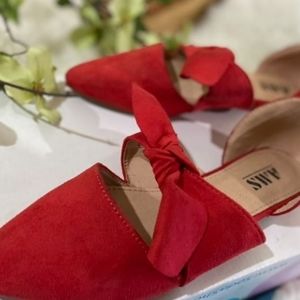 Faux suede ribbon women red flat shoes